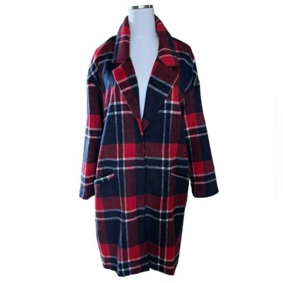 ASOS Liquorish Boxy Straight Coat in Red Navy Check Size 6 EUC - Picture 1 of 12